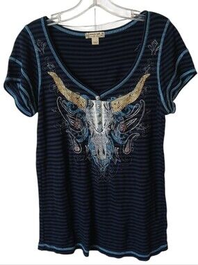 Energe World Wear Striped Top with Embellished Bull Skull Size Medium